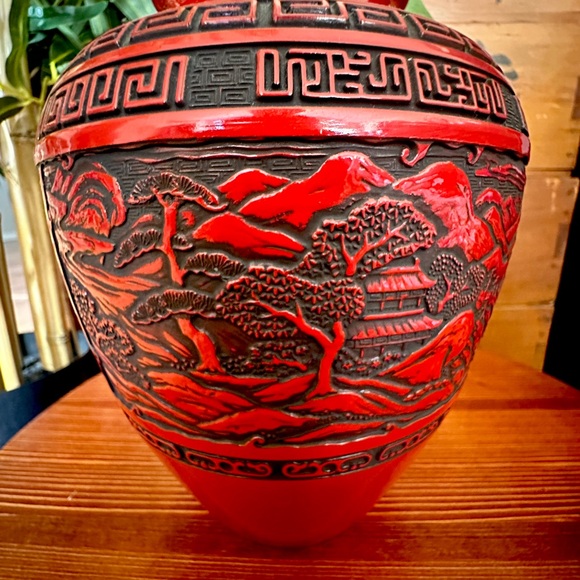 Japanese Flower Vase Red Cinnabar Lacquer Kabin Ikebana Kamakura Bori Ceremony - Picture 6 of 15